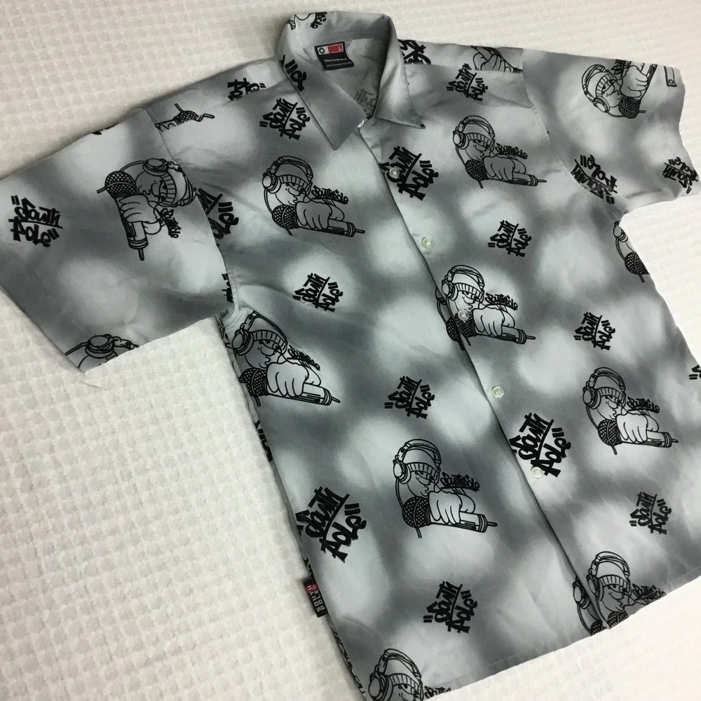 Southpole Mens Large Short Sleeve Button Up Shirt Gray Graffiti Hip Hop MC Print - Picture 8 of 10